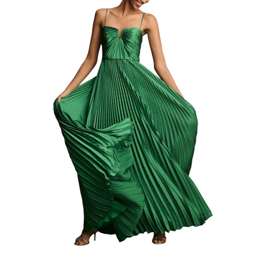 ML Monique Lhuillier Helena Pleated Maxi Dress Emerald Green Formal Gown Size 4